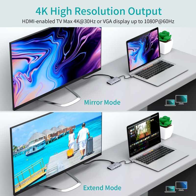 Док станция USB-C 9-в-1 (HDMI/VGA/картридер/LAN/USB-A), алюминий фото