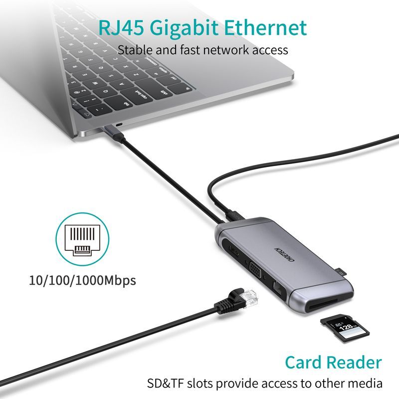 Док станция USB-C 9-в-1 (HDMI/VGA/картридер/LAN/USB-A), алюминий фото