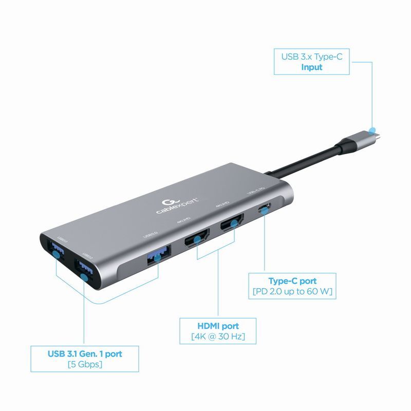 Док станція USB-C 3-в-1 (хаб/HDMI/PD), A-CM-COMBO3-01 сірий фото3