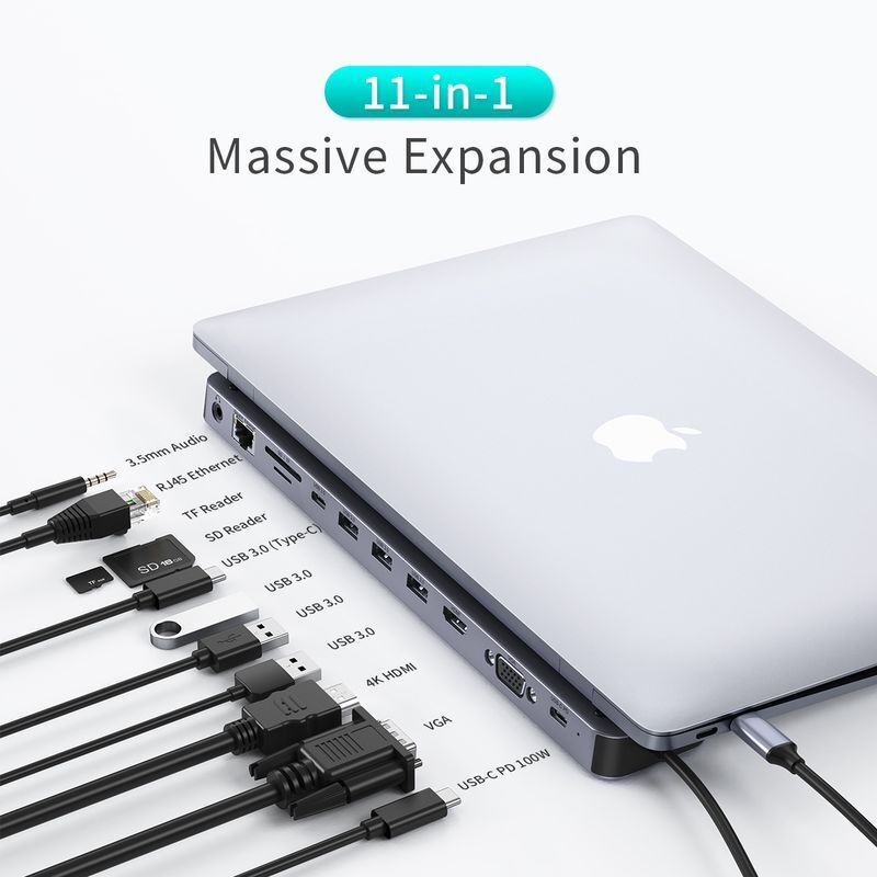 Док станция USB-C 11-в-1 (HDMI/VGA/LAN/картридер/USB-A/USB-C/Audio), алюминий фото4