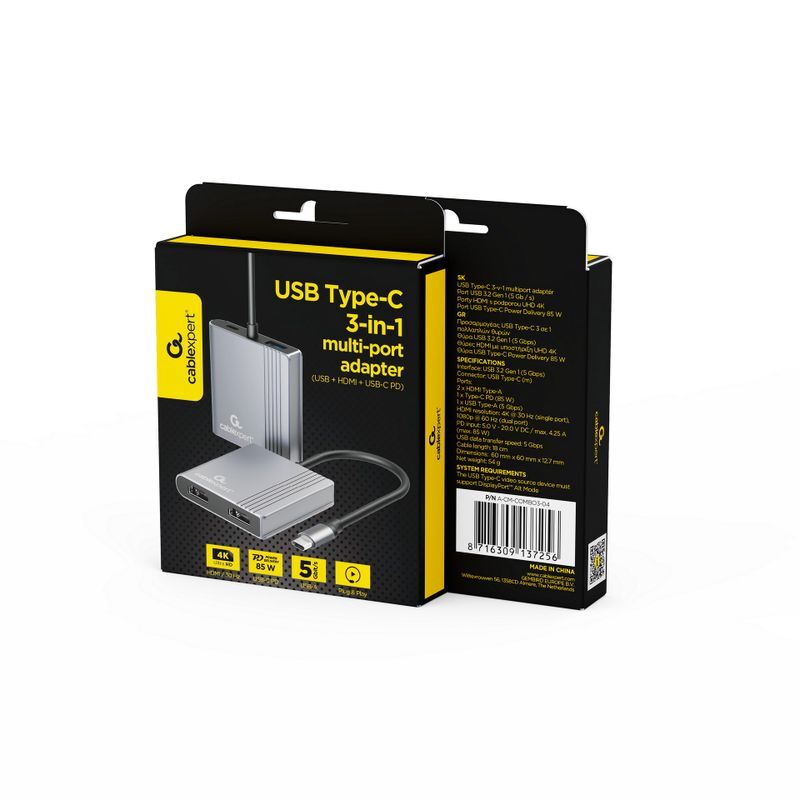 Док станція USB-C 3-в-1 (USB/HDMI/PD), A-CM-COMBO3-04 сірий фото5