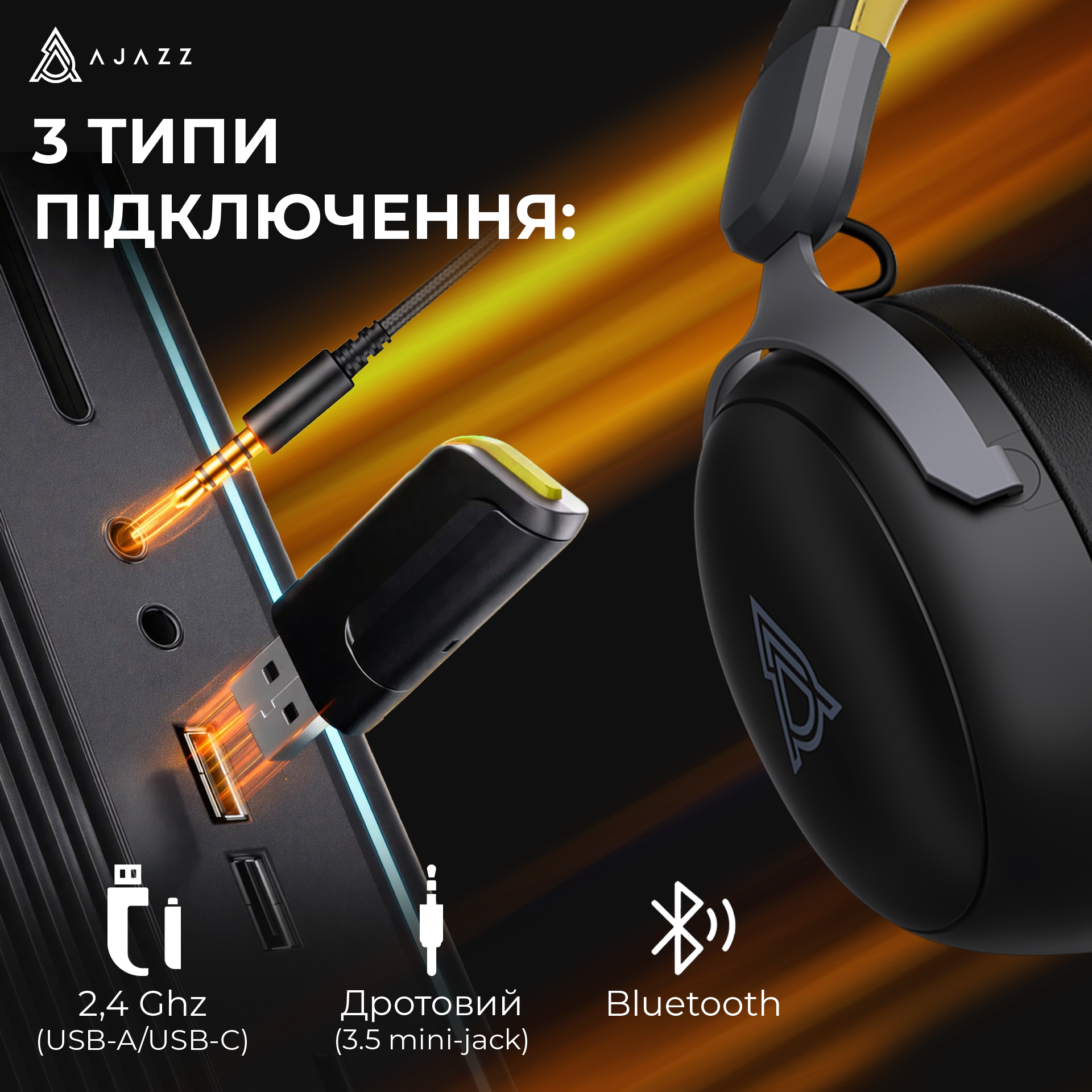 Игровая гарнитура Ajazz AHM08 Max Wireless Black-Grey-Yellow (AHM08-MAX-BGY) фото
