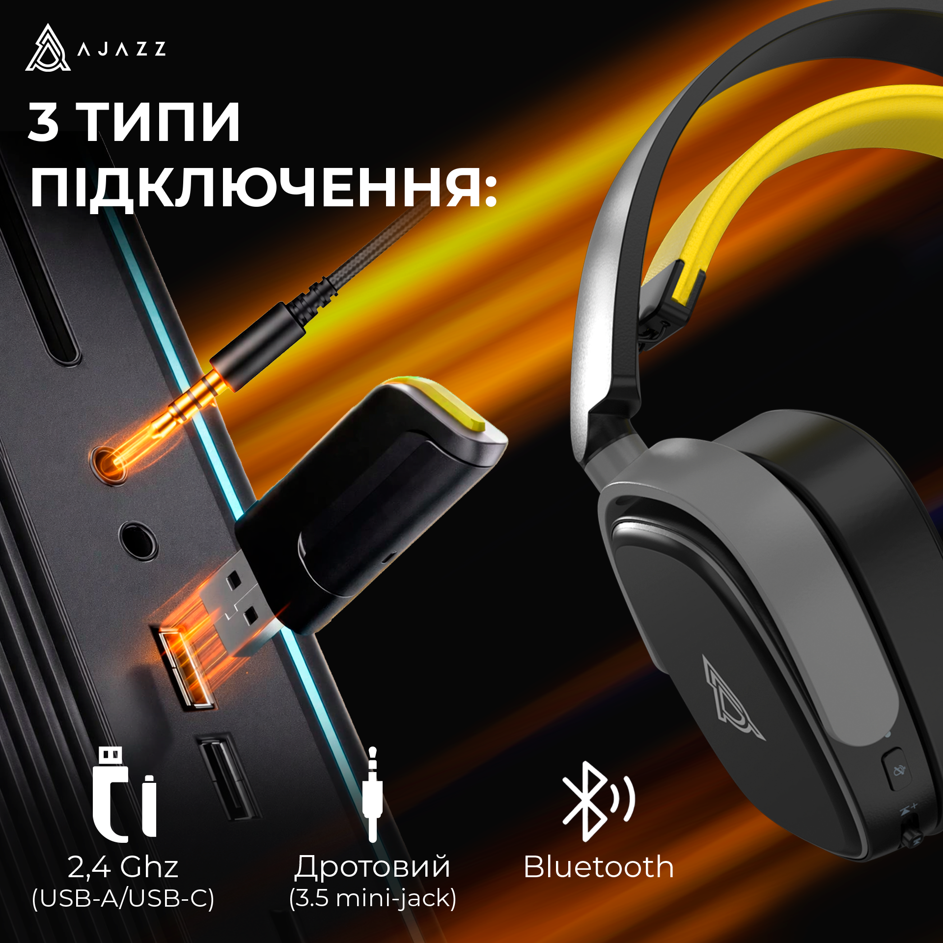 Игровая гарнитура Ajazz AHM09 Max Wireless Black-Grey-Yellow (AHM09-MAX-BGY) фото10