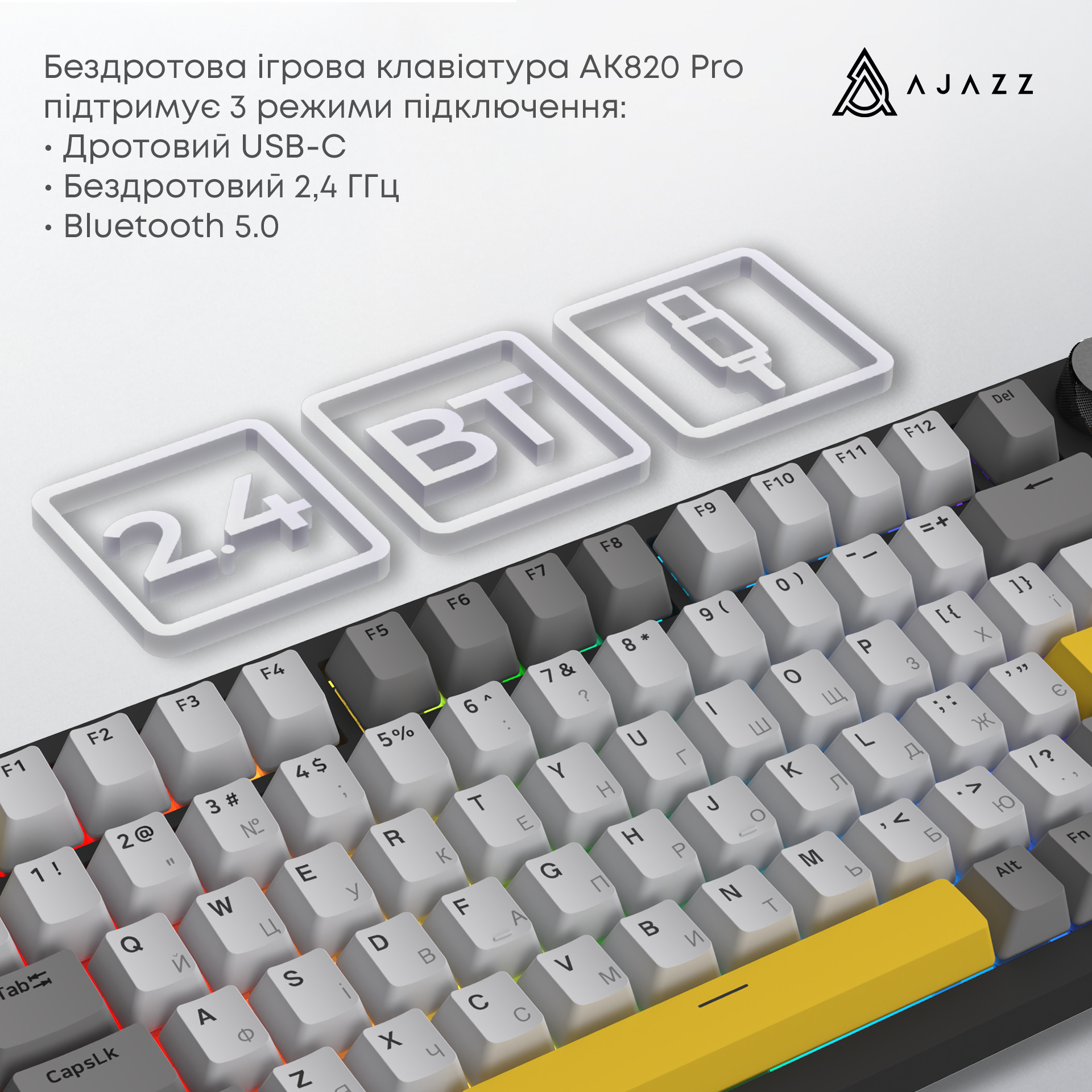 Игровая клавиатура Ajazz AK820 Pro Flying Fish Switches Wireless RGB Black (AK820PRO-FF-BGY) фото