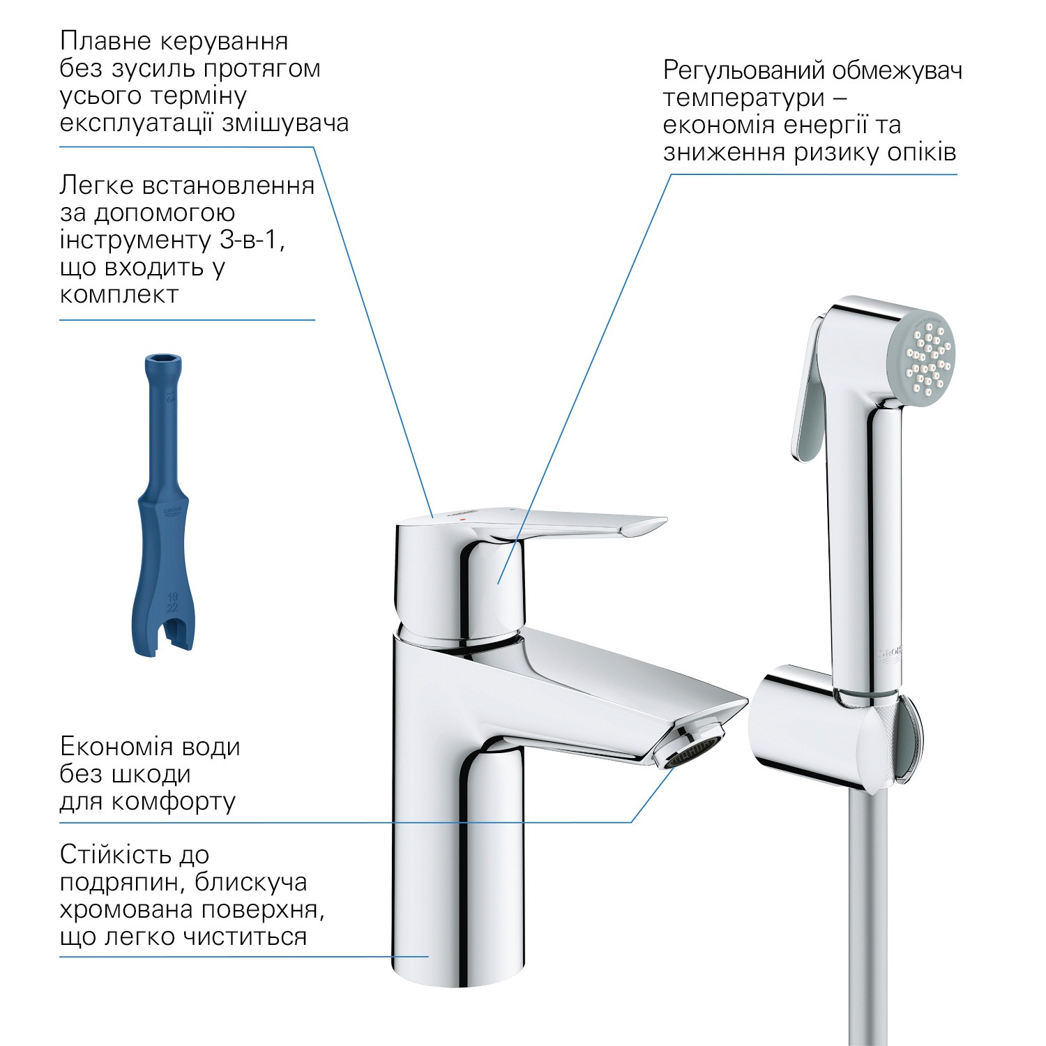Однорычажный смеситель GROHE QuickFix Start для раковины, S-размера с гигиеническим душем, хром (23123003) фото2