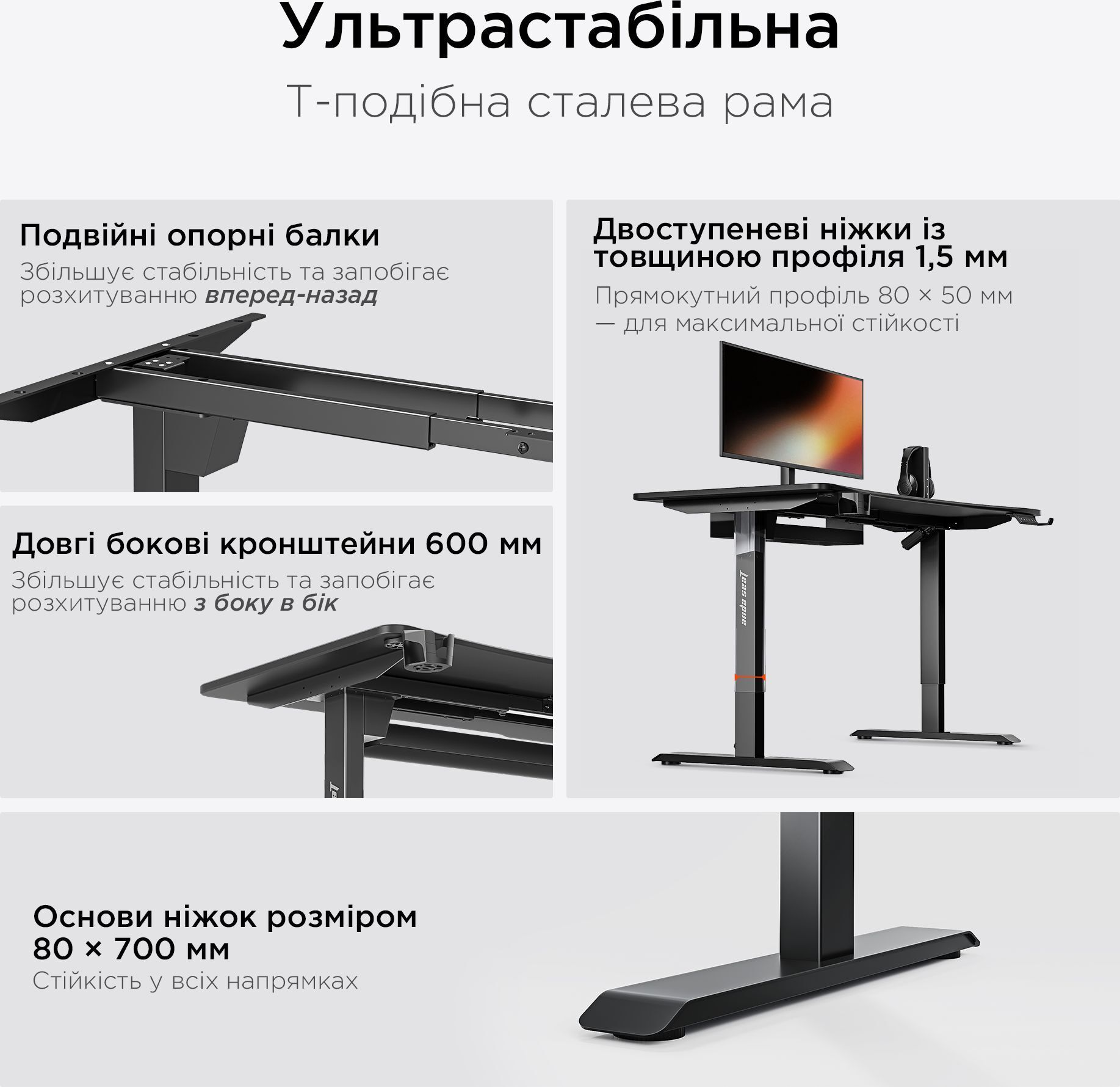 Стол с электрической регулировкой высоты Anda Seat Xtreme 1600x800 Black (AD-D-DD1-1600-07-B) фото