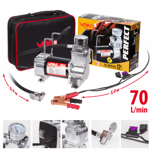

Автокомпрессор VOIN VP-610 150psi/23Amp/70л/клеммы