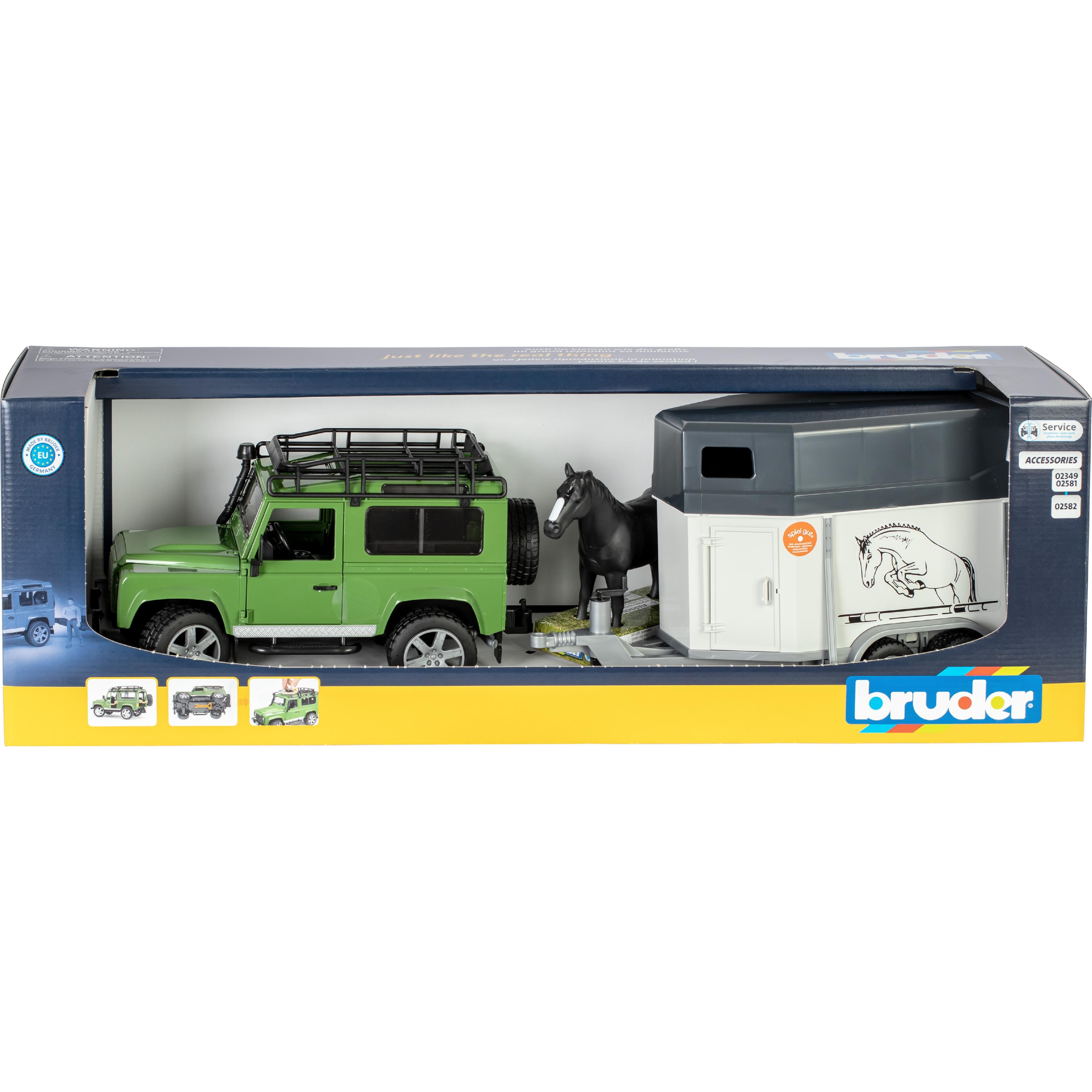 Джип BRUDER 1:16 Land Rover Defender з причепом для перевезення коней + конячка (2592)фото1