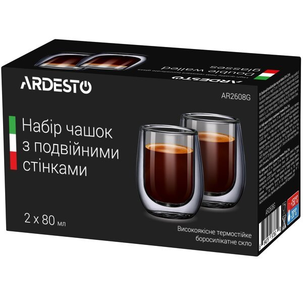 Акція на Набор чашек Ardesto с двойными стенками для еспрессо, 80мл, 2 шт (AR2608G) від MOYO