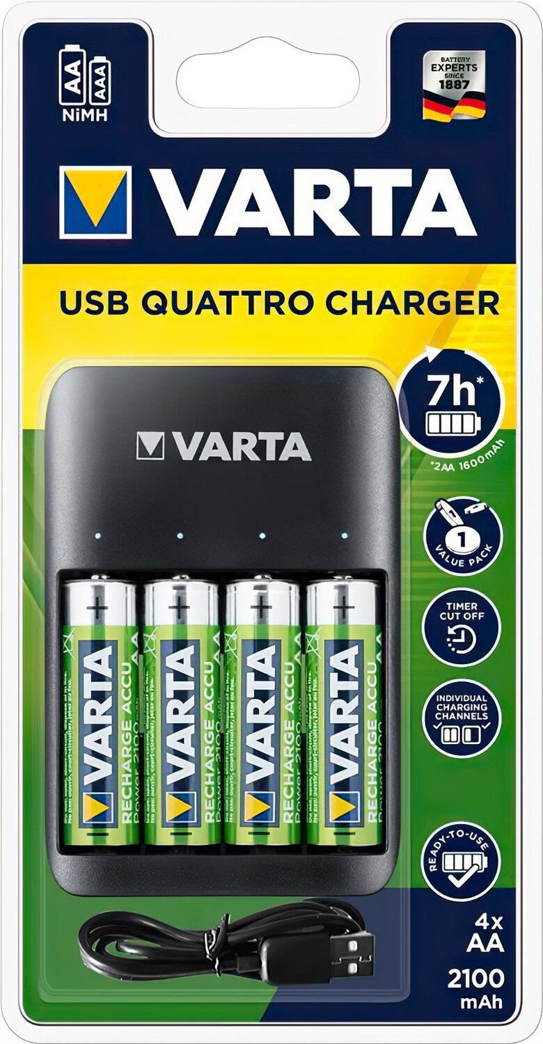 Зарядное устройство Varta Value USB Quattro Charger + Аккумулятор NI-MH AA 2100 мАч, 4 шт. (57652101451) фото 