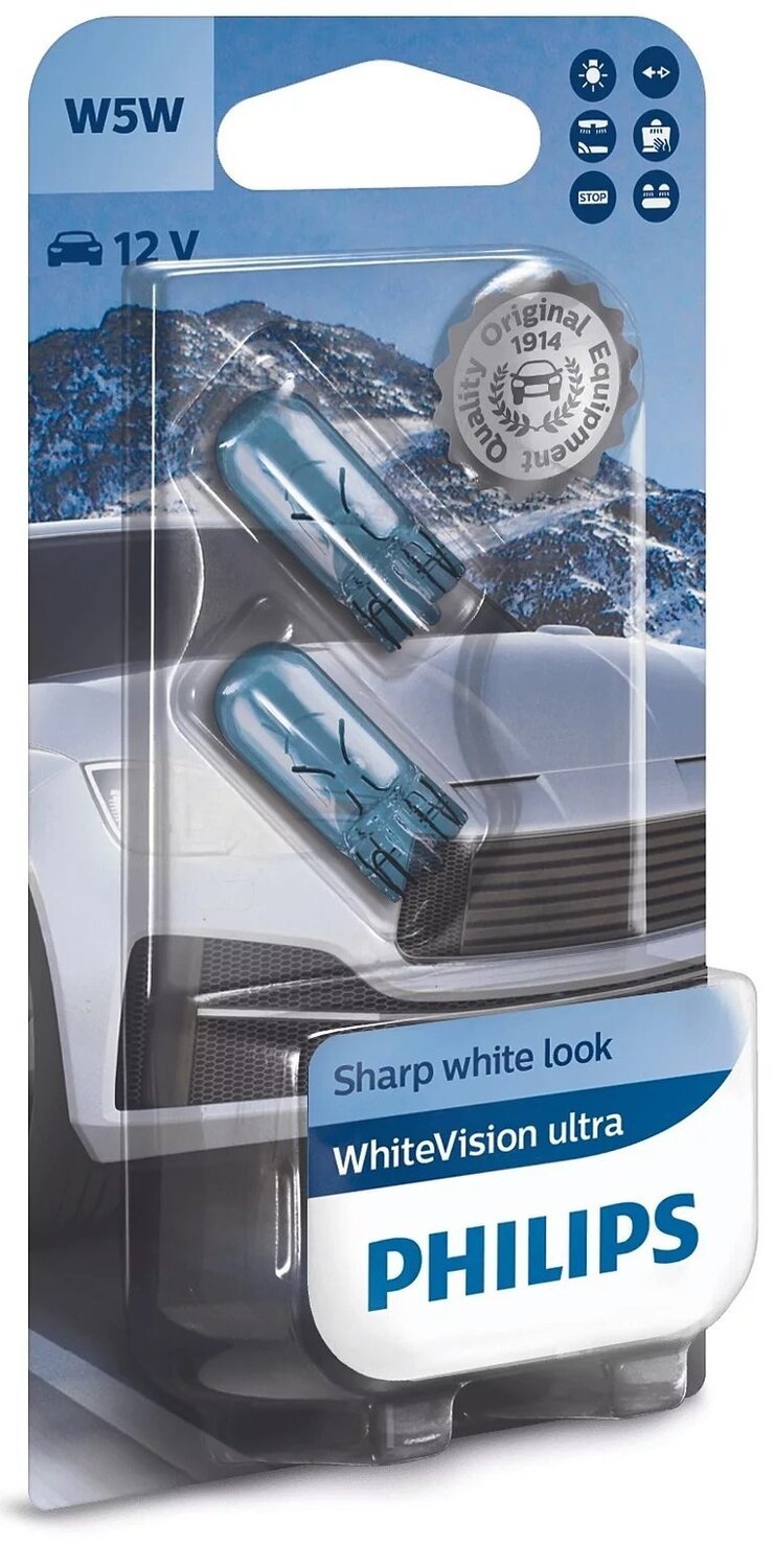 Лампа накаливания Philips W5W WhiteVision Ultra 2шт/блистер (12961WVUB2) фото 