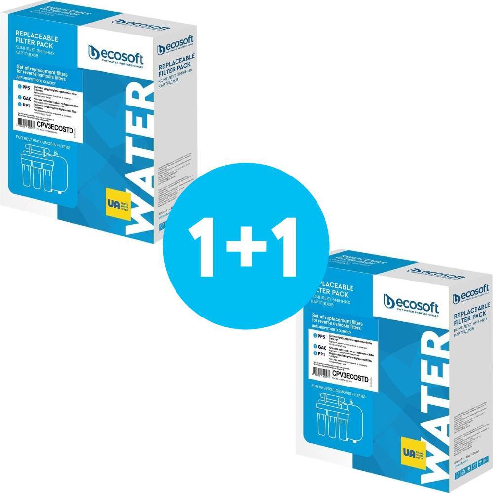 Комплект картриджей Ecosoft 1-2-3 для фильтров обратного осмоса (2 полипропилена и уголь) фото 1