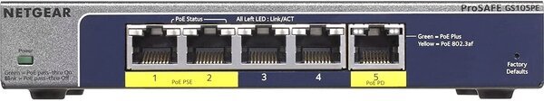 

Коммутатор NETGEAR GS105PE PoE pass-thru, 2xGE PSE, 1xGE PD, 2xGE, управляемый L2