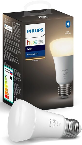 Акція на Умная лампа Philips Hue Single Bulb E27, 9W(60Вт), 2700K, White, Bluetooth, димируемая від MOYO