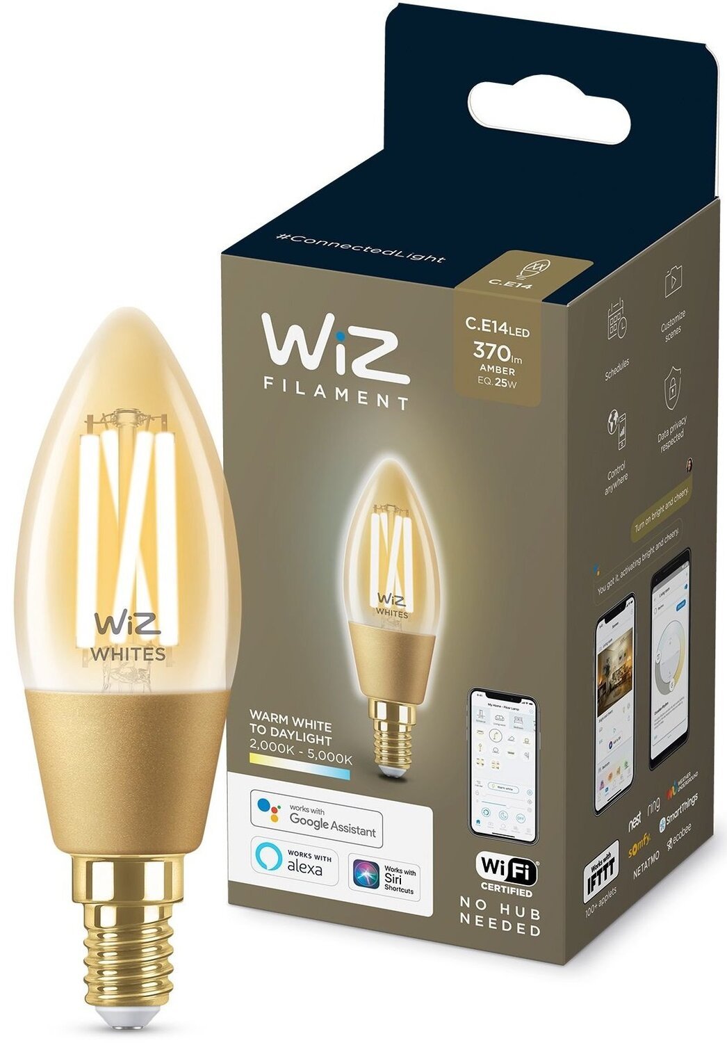 Умная лампа WiZ E14 4.9W (25W 370Lm) C35 2000-5000K филаментная Wi-Fi (929003017701) фото 