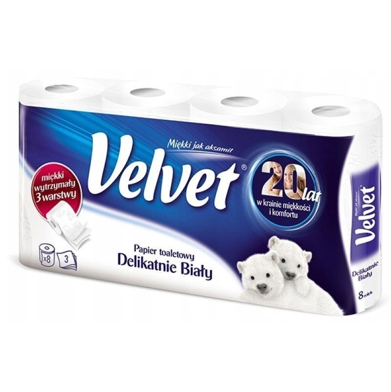 Туалетная бумага Velvet Деликатная Белая, с ручкой 3 слоя 8 рулонов фото 