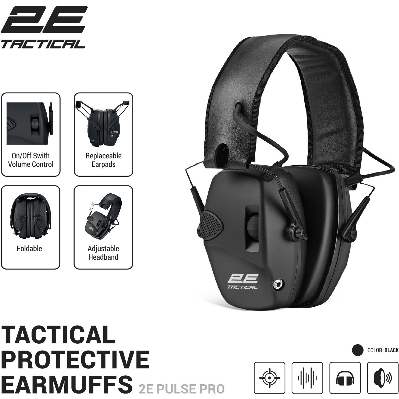Тактические защитные наушники 2E Pulse Pro Black NRR 22 dB, активные (2E-TPE026BK) фото 