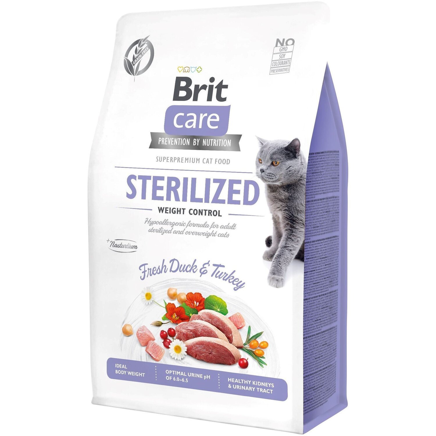 Сухой корм для стерилизованных котов и котов с избыточным весом Brit Care Cat GF Sterilized Weight Control с уткой и инд фото 