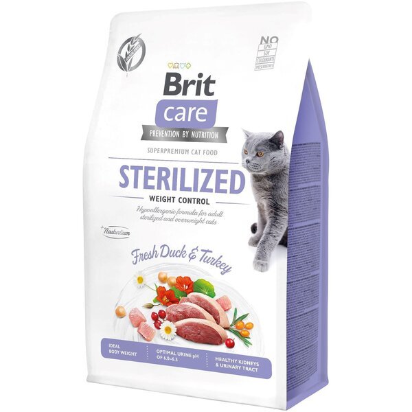 Сухой корм Brit Care Cat GF Sterilized Weight Control для стерилизованных кошек, утка и индейка,0,4 кг