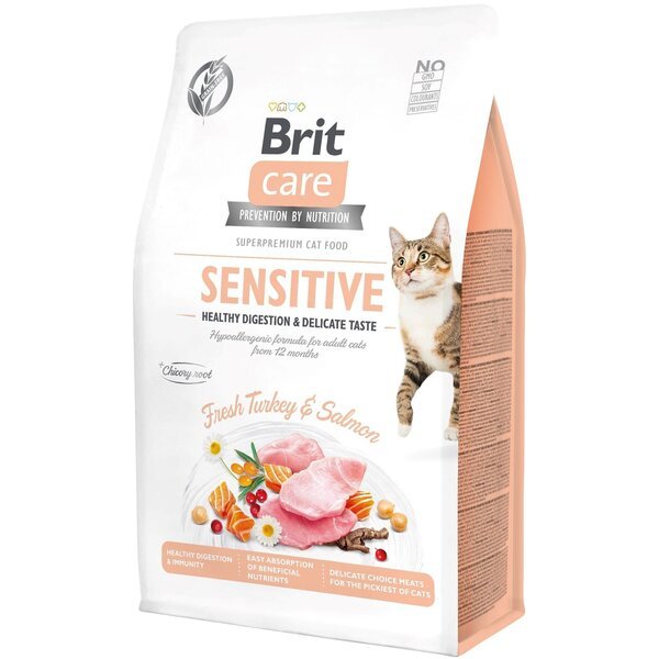 Сухой корм для привередливых кошек Brit Care Cat GF Sensitive Digestion & Delicate Taste с индейкой и лососем, 0,4кг