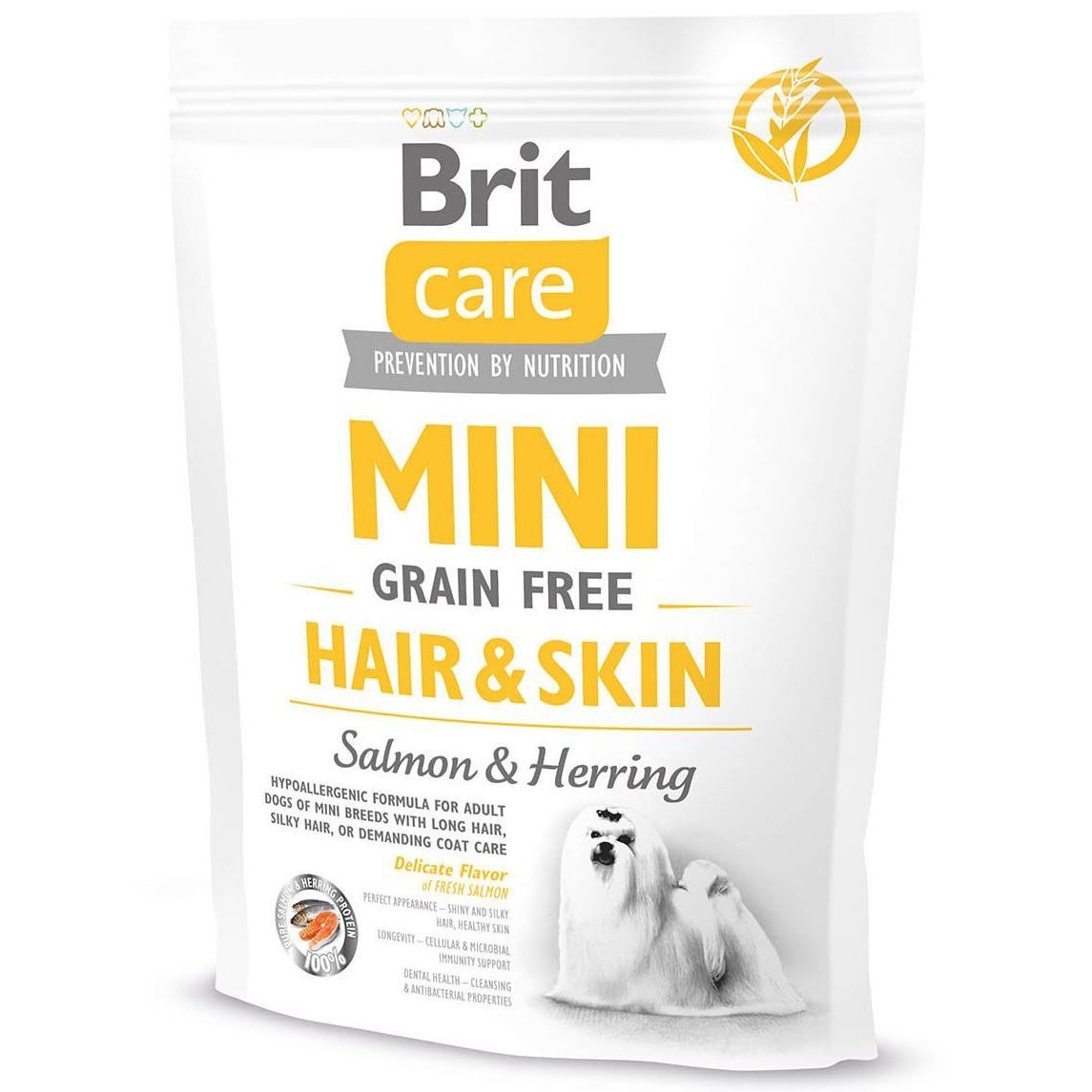 Сухой корм для взрослых собак миниатюрных пород Brit Care Mini Grain Free Hair & Skin 400г фото 1