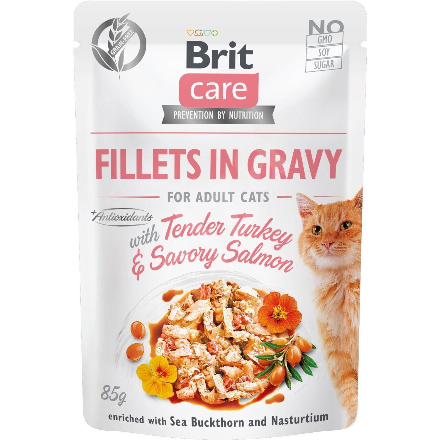 Влажный корм для кошек Brit Care Cat pouch 85г филе в соусе нежная индейка и пикантный лосось фото 