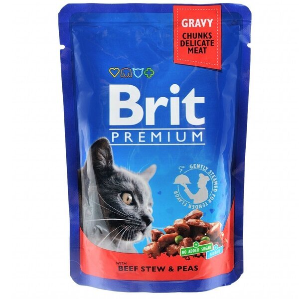 Влажный корм для котов Brit Premium pouch 100г  тушена говядина и горошек