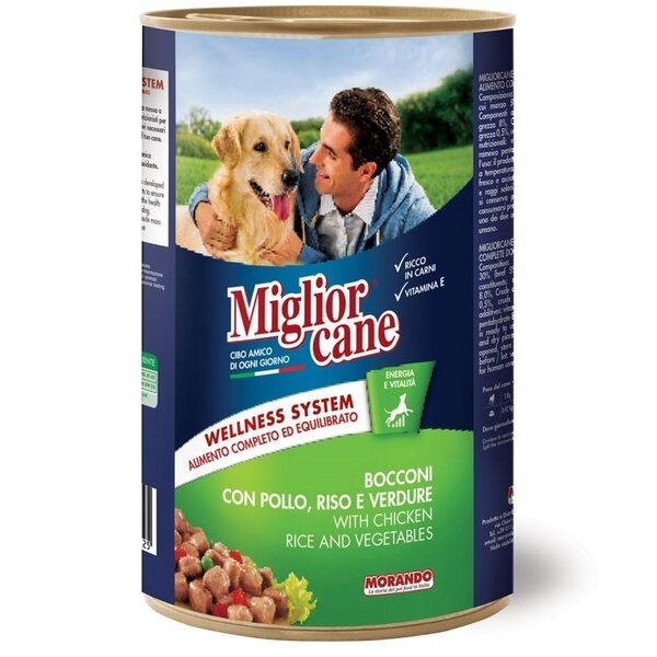 

Влажный корм для собак Migliorcane курица с рисом и овощами, кусочками, 1250г,