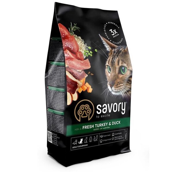 

Сухой корм для кошек Savory со свежим мясом индейки и уткой 400г