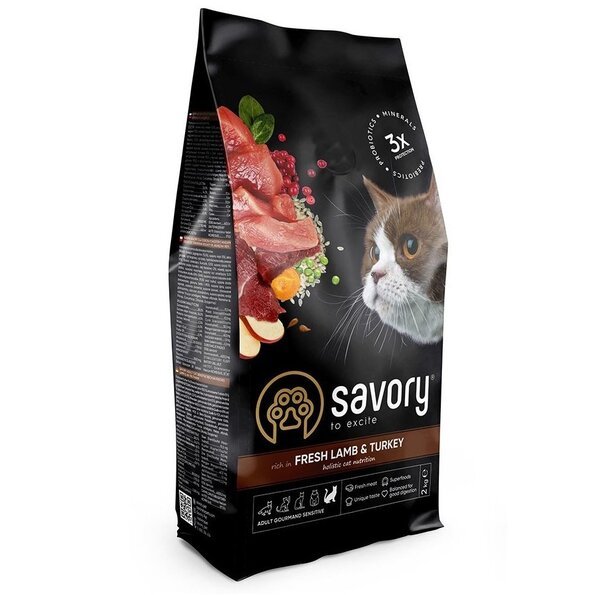 Сухой корм для кошек с чувствительным пищеварением Savory со свежим мясом ягненка и индейки 2кг