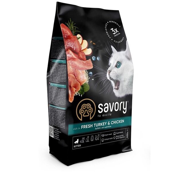 

Сухой корм для котят Savory со свежим мясом индейки и курицы 400г