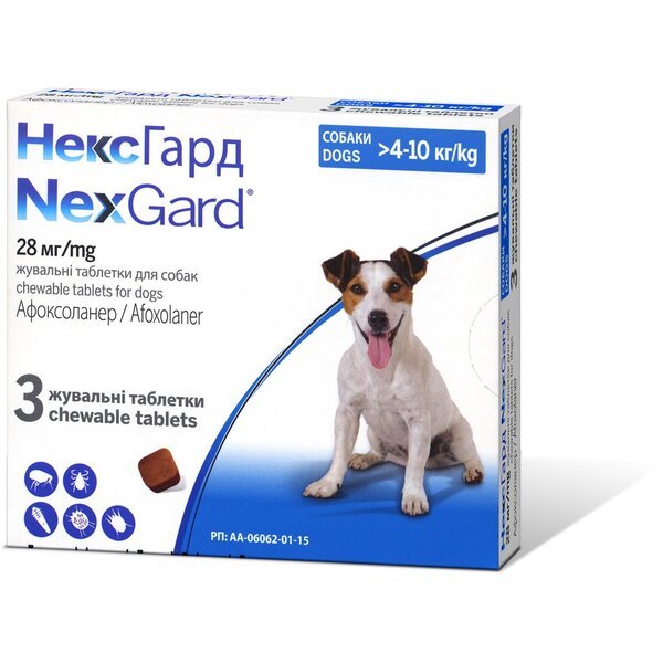 

Жевательные таблетки Boehringer Ingelheim Nexgard (Нексгард) от блох и клещей для собак весом 4-10 кг (M) 3 шт. х1.25 в