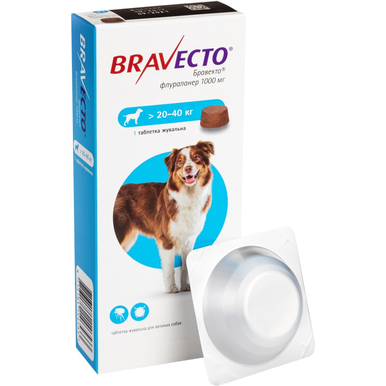 Жевательная таблетка Bravecto от блох и клещей для собак весом от 20 до 40 кг фото 