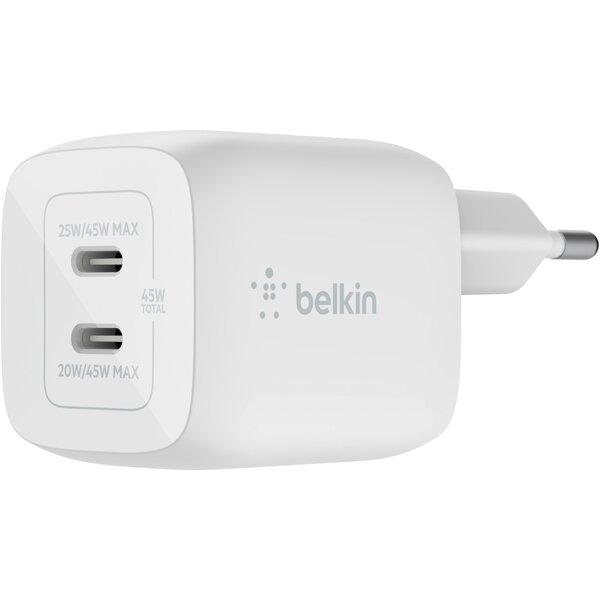 Акція на Сетевое ЗУ Belkin Home Charger 45W GAN PD PPS Dual USB-С (WCH011VFWH) від MOYO