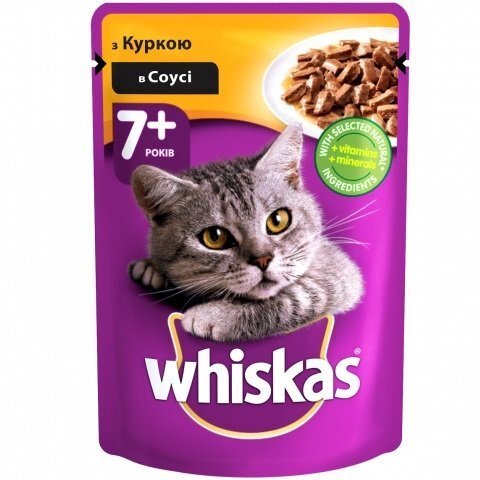 Вологий корм для котів Whiskas для котів від 7 років, з куркою в соусі, 100 г.фото