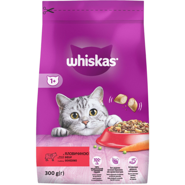 

Корм сухой для взрослых котов с говядиной Whiskas 300г