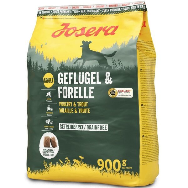 

Сухой корм для взрослых и активных собак Josera Adult Geflugel & Forelle с мясом птицы и форели, 900 г