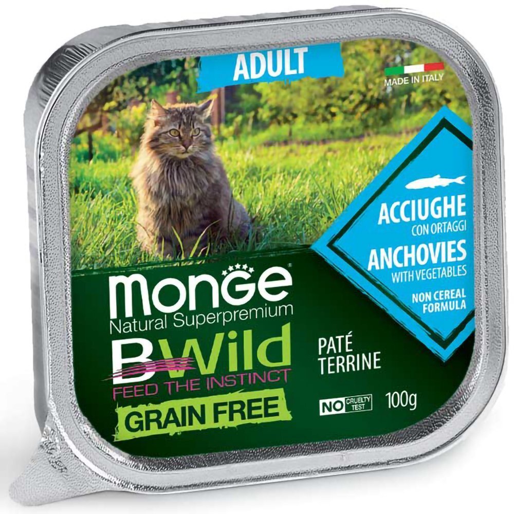 Паштет для взрослых кошек Monge Cat Be Wild Gr.Free Wet Adult анчоус с овощами, 100 г фото 