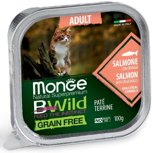 

Паштет для взрослых кошек Monge Cat Be Wild Gr.Free Wet Adult лосось с овощами, 100 г