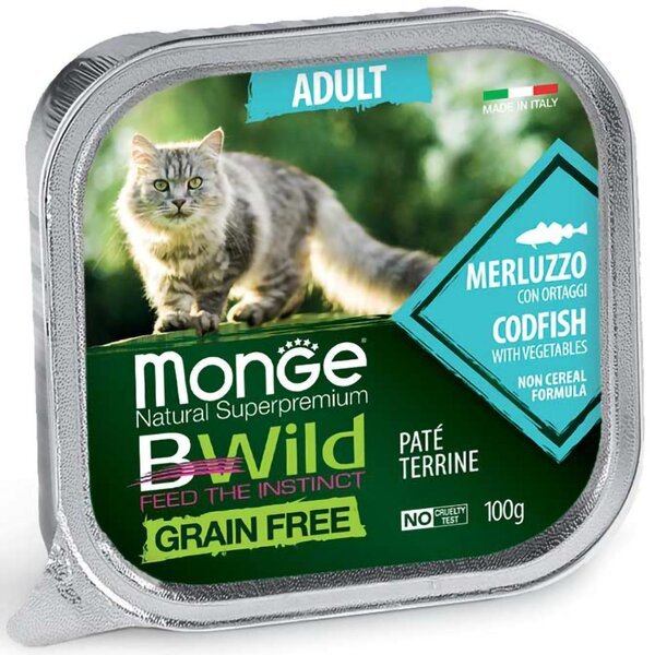 

Паштет для взрослых кошек Monge Cat Be Wild Gr.Free Wet Adult треска с овощами, 100 г