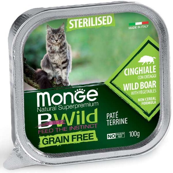 

Паштет для стерилизованных кошек Monge Cat Be Wild Gr.Free Wet Adult кабан с овощами, 100 г