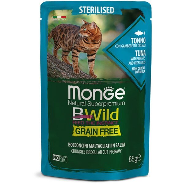 Влажный корм для стерилизованных кошек Monge Cat Be Wild Gr.Free Sterilised тунец с креветками и овощами, 85 г