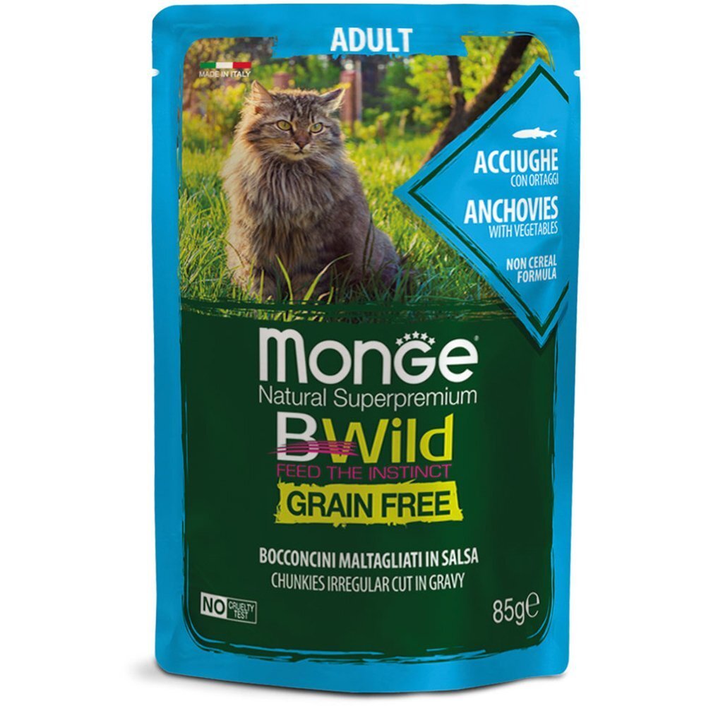 Влажный корм для кошек Monge Cat Be Wild Gr. Free Wet кусочки в соусе, анчоус с овощами, 85 г фото 