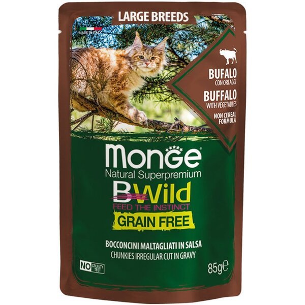 

Влажный корм для кошек больших пород Monge Cat Be Wild Gr.Free Wet кусочки в соусе, с мясом буйвола, 85 г