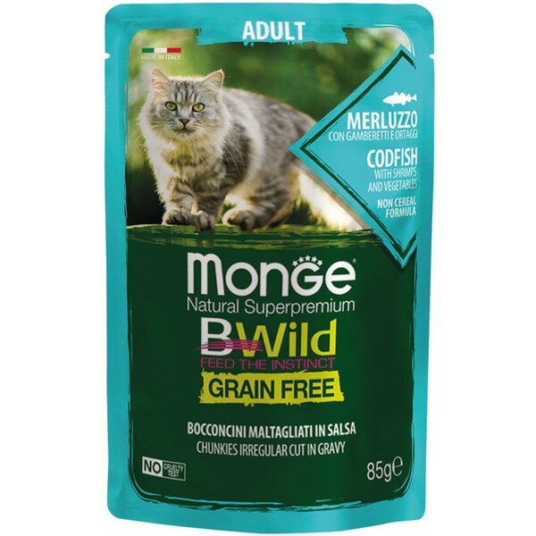 

Влажный корм для кошек Monge Cat Be Wild Gr.Free кусочки в соусе, треска с креветками и овощами, 85 г