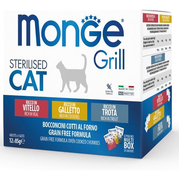 Влажный корм для стерилизованных кошек Monge cat grill с петушком, форелью, телятиной 1.02 кг