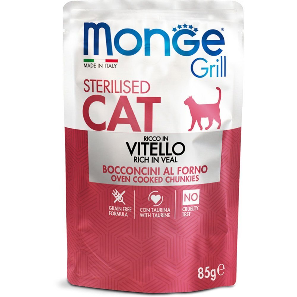 Влажный корм для стерилизованных кошек Monge Cat Grill Sterilised запеченные кусочки в соусе, с телятиной 85 г фото 
