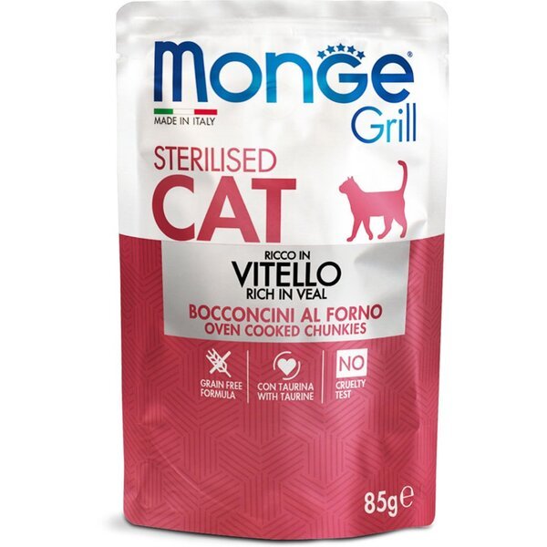 Влажный корм для стерилизованных кошек Monge Cat Grill Sterilised запеченные кусочки в соусе, с телятиной 85 г