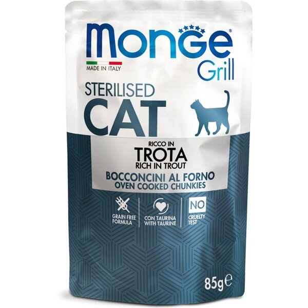 Влажный корм для стерилизованных кошек Monge Cat Grill Sterilised запеченные кусочки в соусе, с форелью 85 г