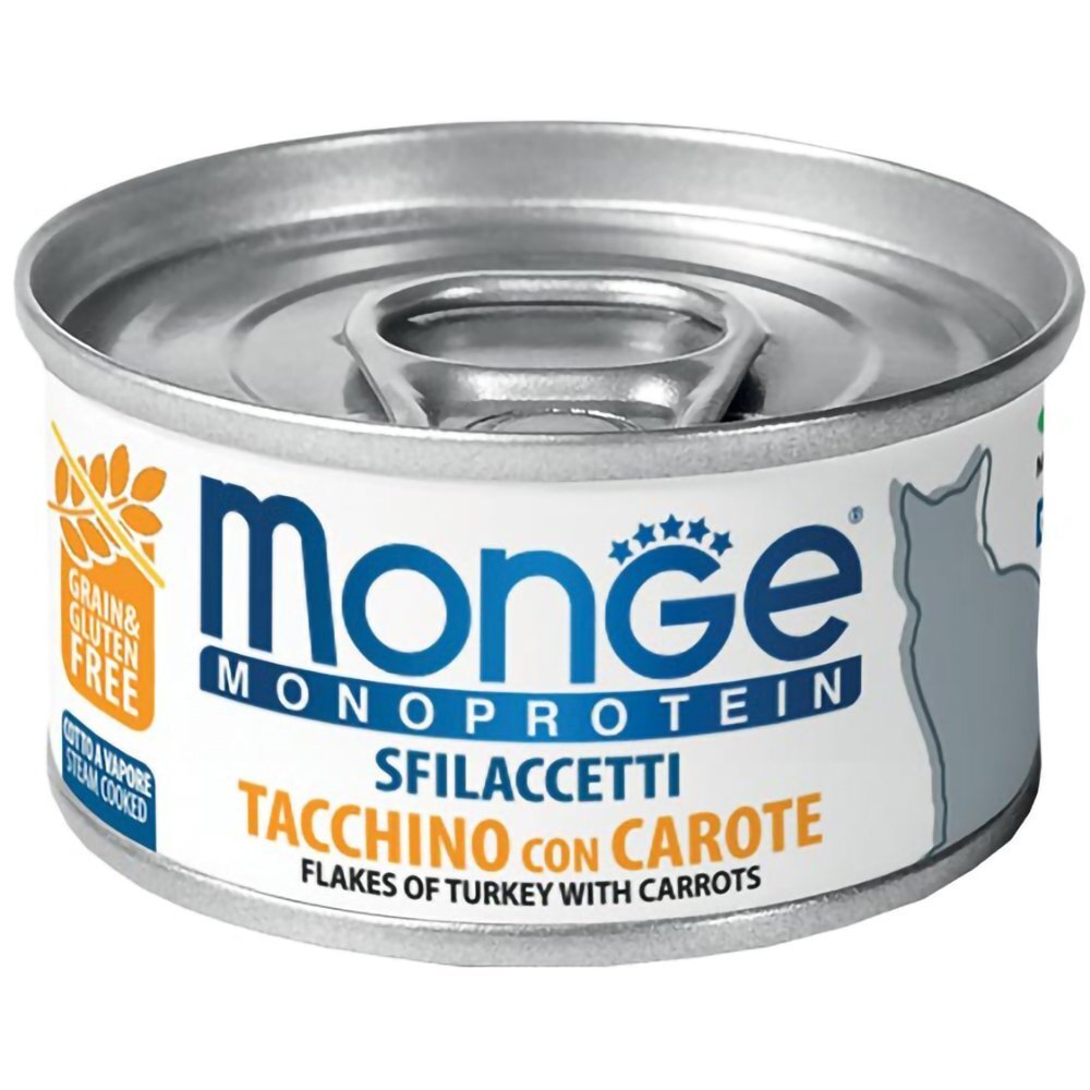 Вологий корм для кішок Monge Cat Monoprotein м'ясні пластівці індичка морква, 80 гфото1